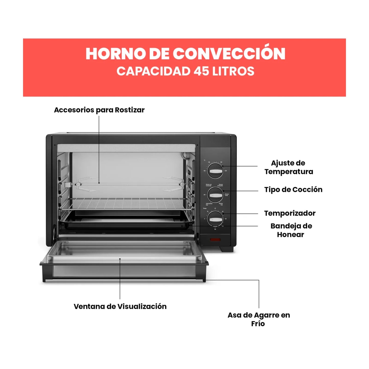 Horno Tostador de Convección Chefman 45 Litros Negro RJ25-M45BLACK